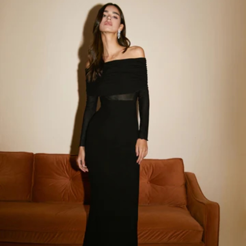 Semi-Sheer Off-Shoulder Mesh Long Sleeve Long Dress, Large